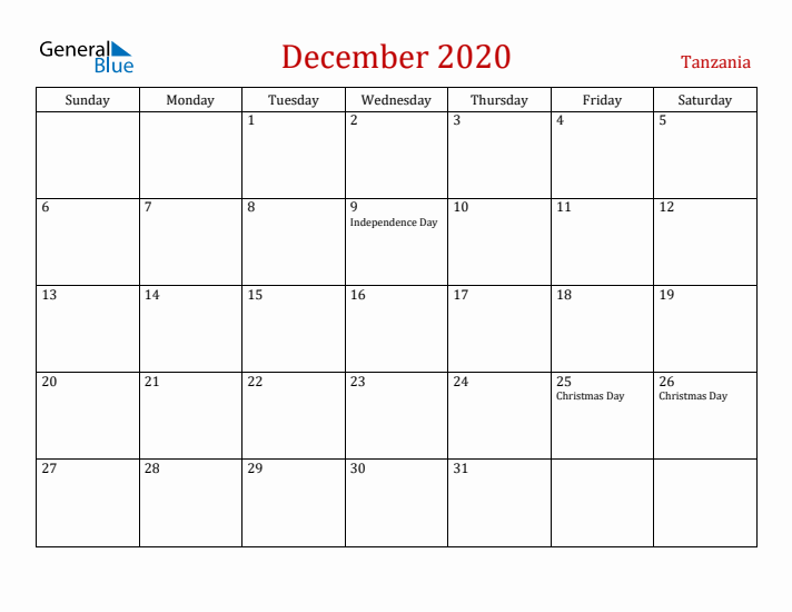 Tanzania December 2020 Calendar - Sunday Start