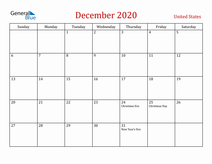 United States December 2020 Calendar - Sunday Start