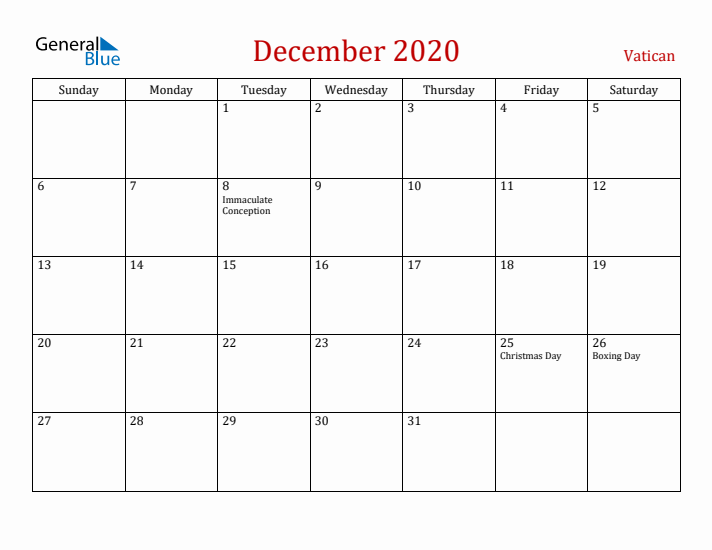 Vatican December 2020 Calendar - Sunday Start