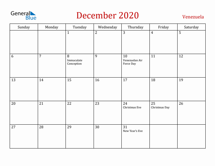 Venezuela December 2020 Calendar - Sunday Start