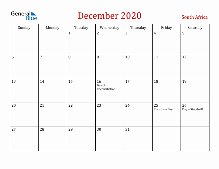 South Africa December 2020 Calendar - Sunday Start