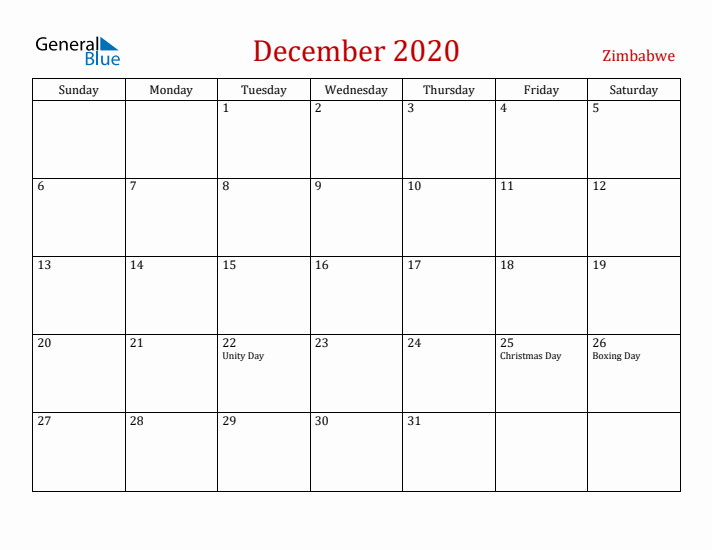 Zimbabwe December 2020 Calendar - Sunday Start