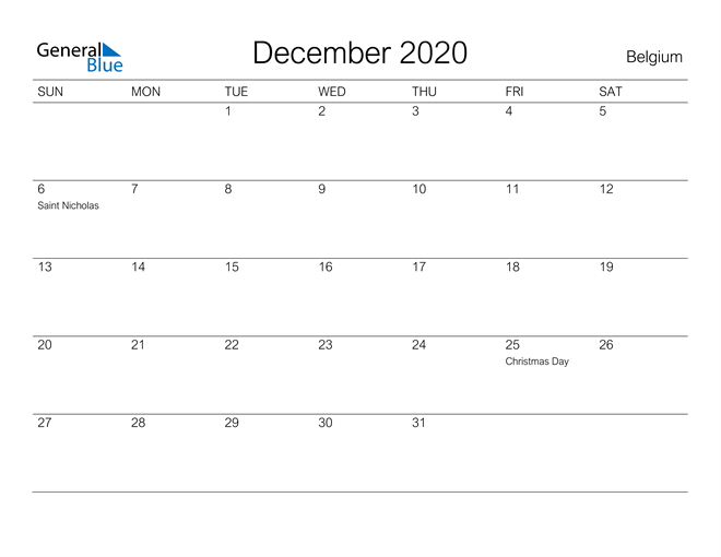 Printable December 2020 Calendar for Belgium