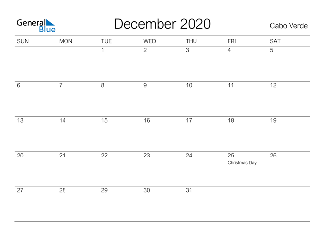 Printable December 2020 Calendar for Cabo Verde