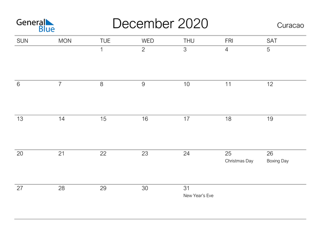 Printable December 2020 Calendar for Curacao