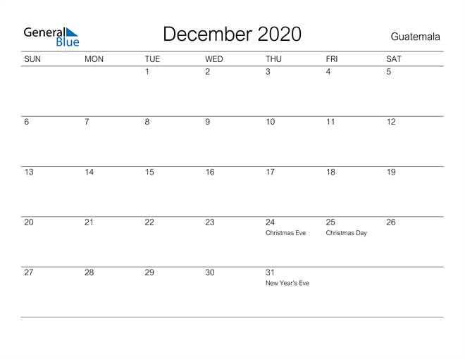 Printable December 2020 Calendar for Guatemala