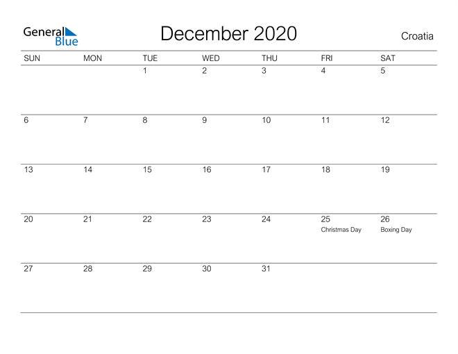 Printable December 2020 Calendar for Croatia
