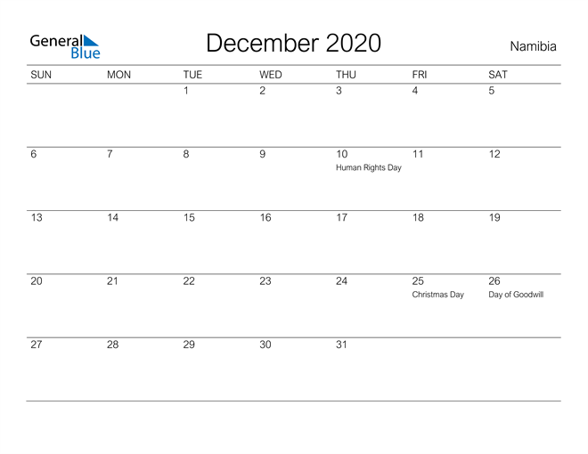 december 2020 calendar namibia