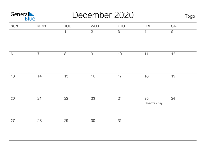 Printable December 2020 Calendar for Togo