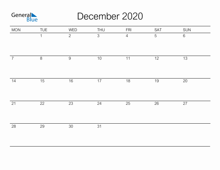 Printable December 2020 Calendar - Monday Start