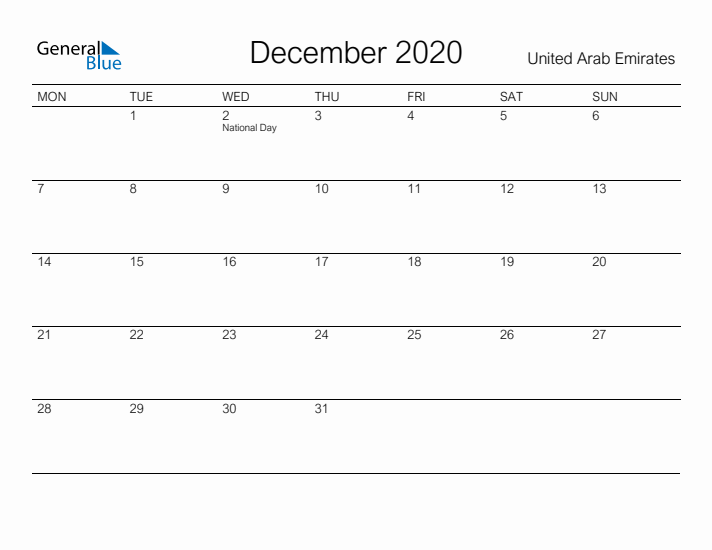 Printable December 2020 Calendar for United Arab Emirates