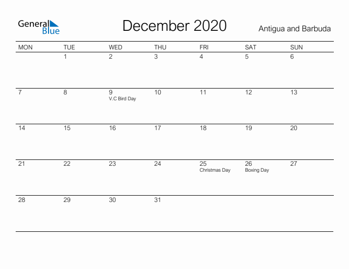 Printable December 2020 Calendar for Antigua and Barbuda