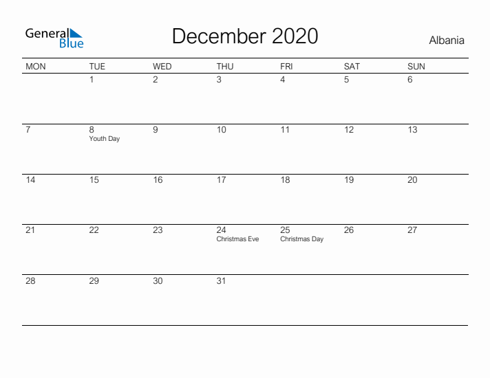 Printable December 2020 Calendar for Albania