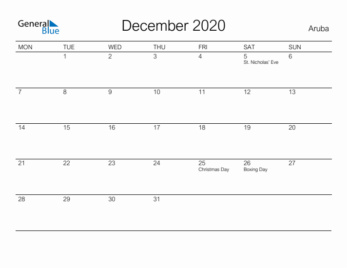 Printable December 2020 Calendar for Aruba