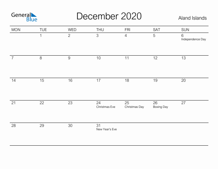 Printable December 2020 Calendar for Aland Islands