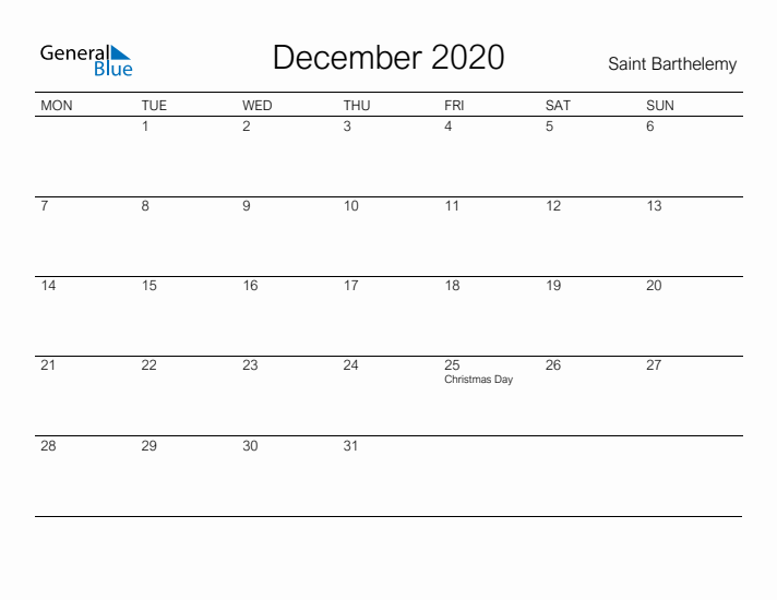 Printable December 2020 Calendar for Saint Barthelemy
