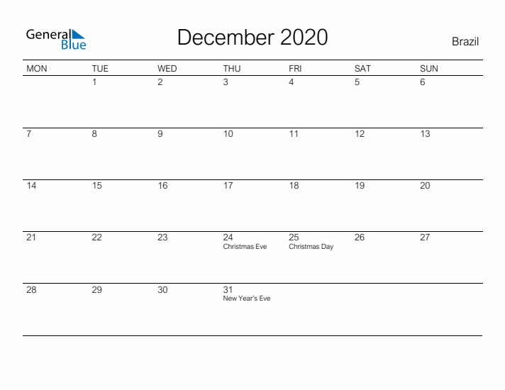 Printable December 2020 Calendar for Brazil