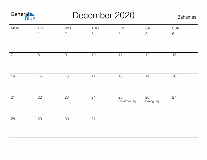Printable December 2020 Calendar for Bahamas
