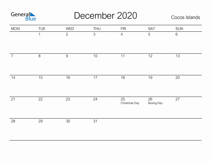 Printable December 2020 Calendar for Cocos Islands