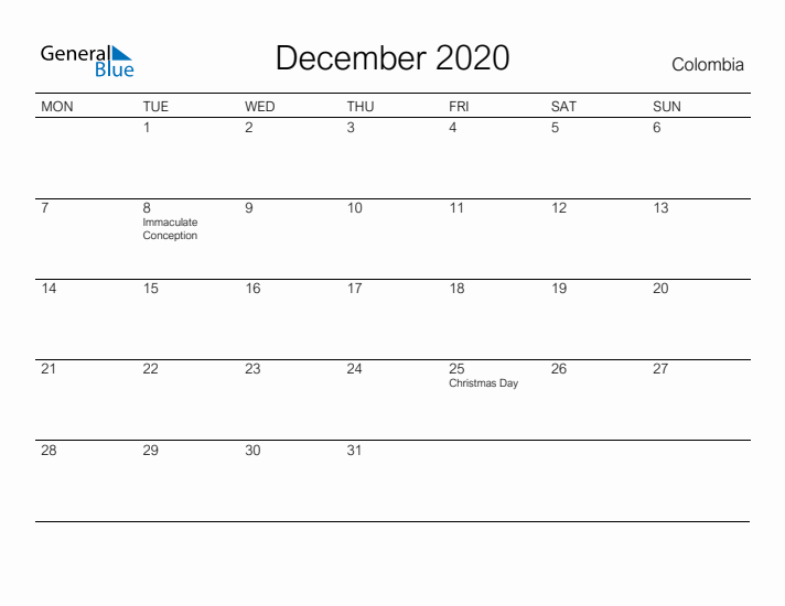 Printable December 2020 Calendar for Colombia
