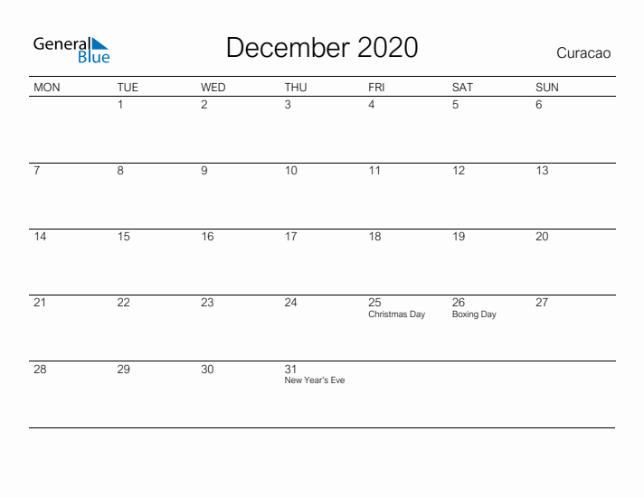 Printable December 2020 Calendar for Curacao