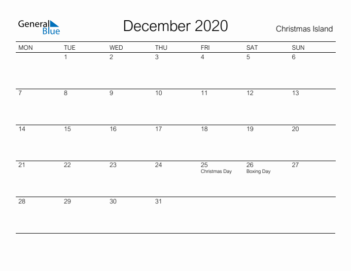 Printable December 2020 Calendar for Christmas Island
