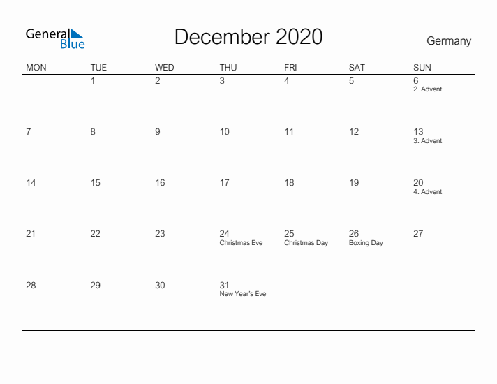 Printable December 2020 Calendar for Germany