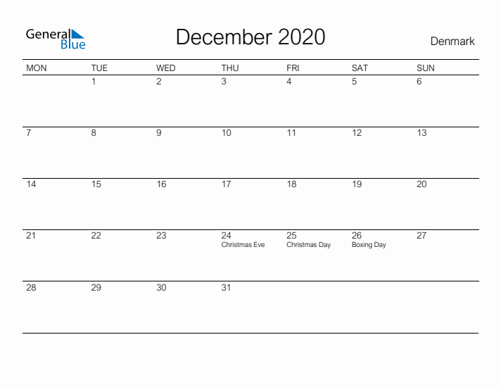 Printable December 2020 Calendar for Denmark