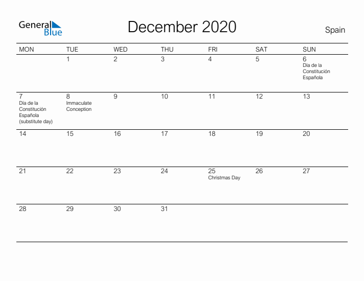 Printable December 2020 Calendar for Spain