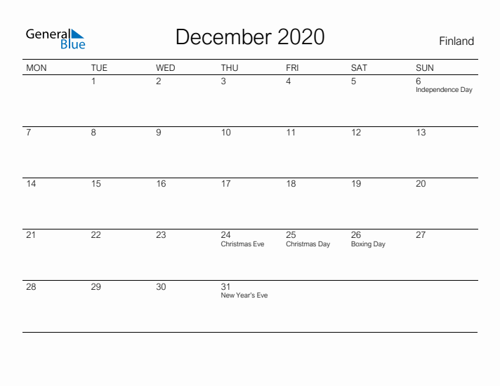 Printable December 2020 Calendar for Finland