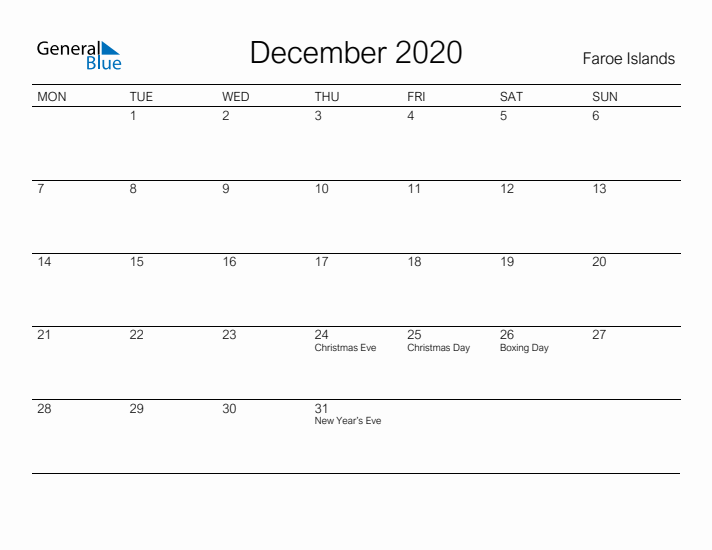 Printable December 2020 Calendar for Faroe Islands