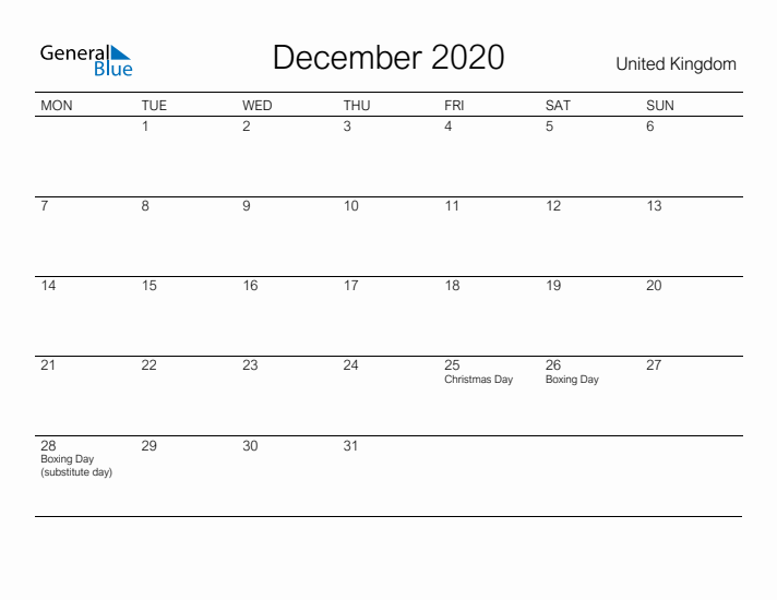 Printable December 2020 Calendar for United Kingdom