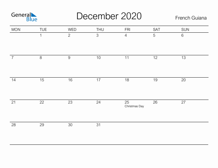 Printable December 2020 Calendar for French Guiana