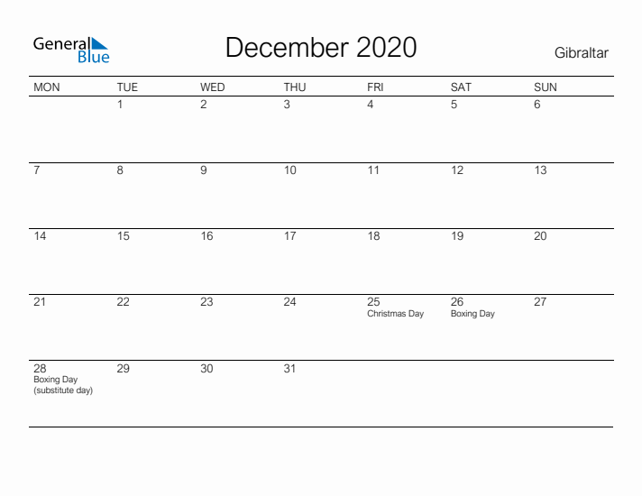 Printable December 2020 Calendar for Gibraltar