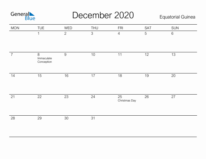 Printable December 2020 Calendar for Equatorial Guinea