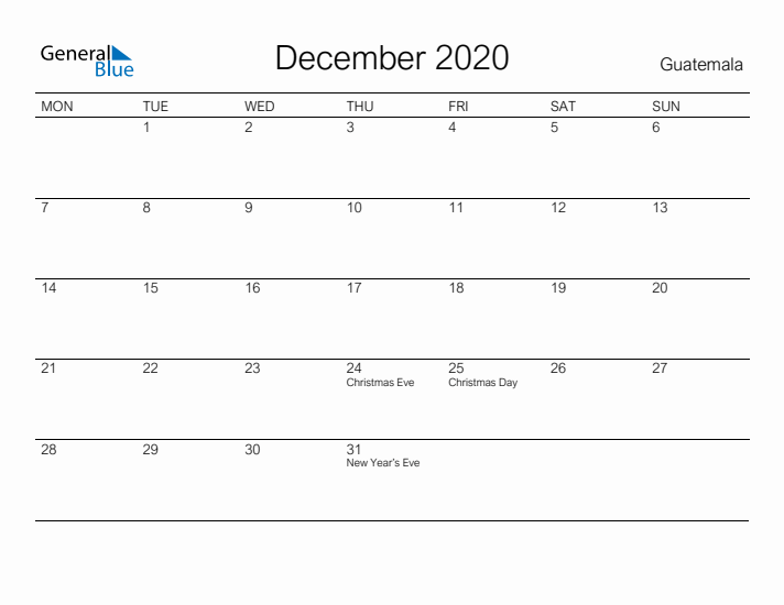Printable December 2020 Calendar for Guatemala