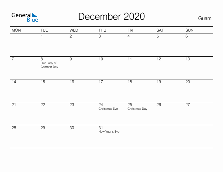 Printable December 2020 Calendar for Guam