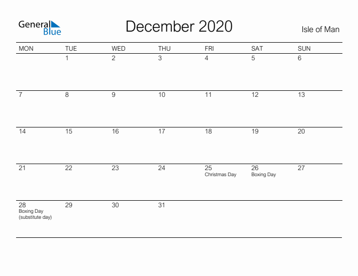 Printable December 2020 Calendar for Isle of Man