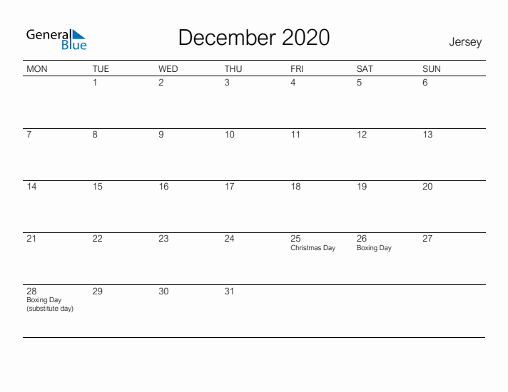 Printable December 2020 Calendar for Jersey