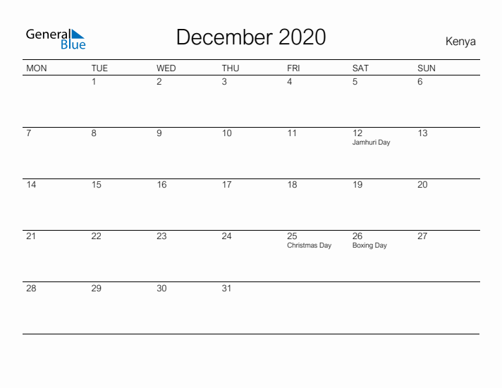 Printable December 2020 Calendar for Kenya