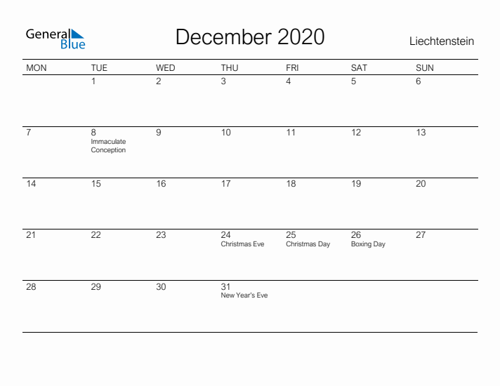 Printable December 2020 Calendar for Liechtenstein