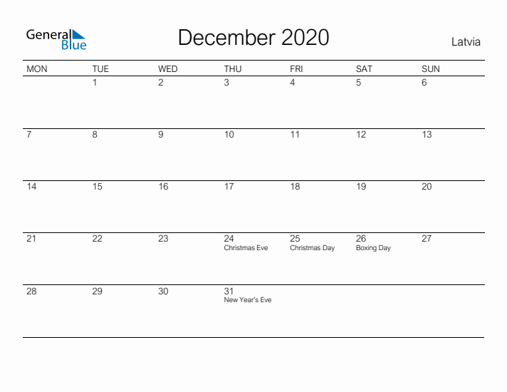 Printable December 2020 Calendar for Latvia
