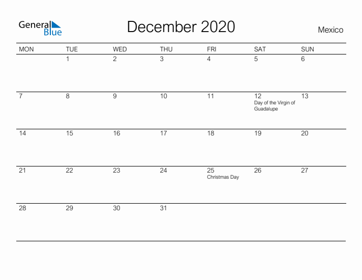 Printable December 2020 Calendar for Mexico