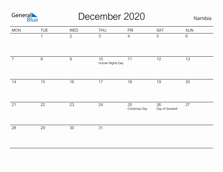 Printable December 2020 Calendar for Namibia