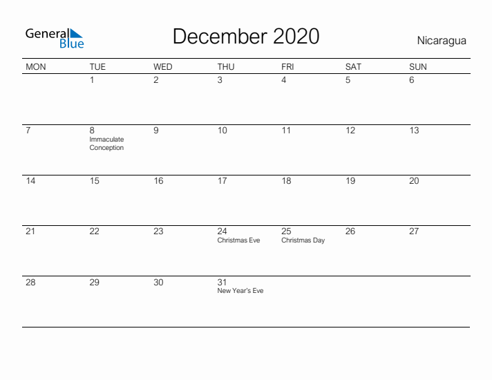 Printable December 2020 Calendar for Nicaragua