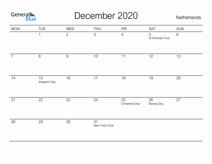 Printable December 2020 Calendar for The Netherlands