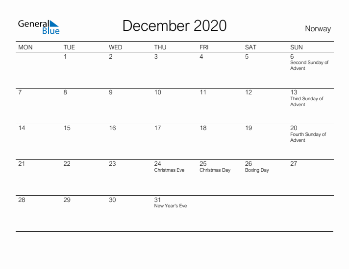 Printable December 2020 Calendar for Norway