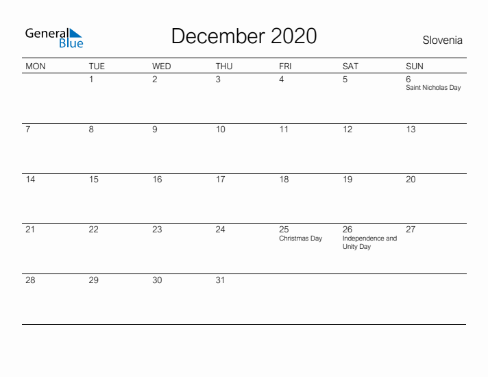 Printable December 2020 Calendar for Slovenia