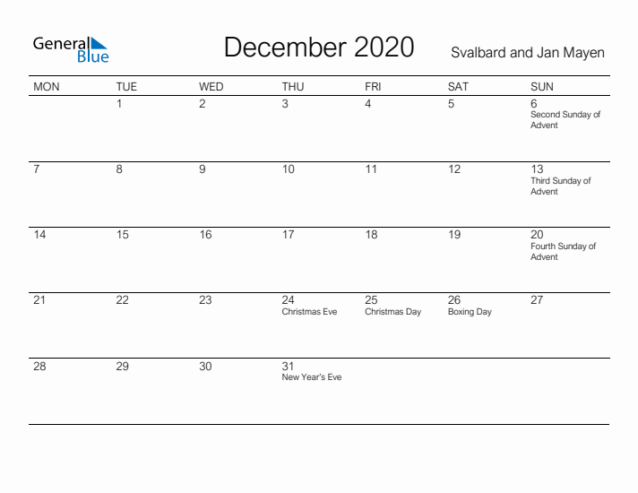 Printable December 2020 Calendar for Svalbard and Jan Mayen