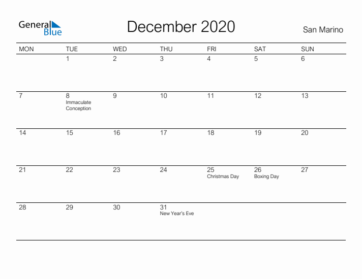 Printable December 2020 Calendar for San Marino
